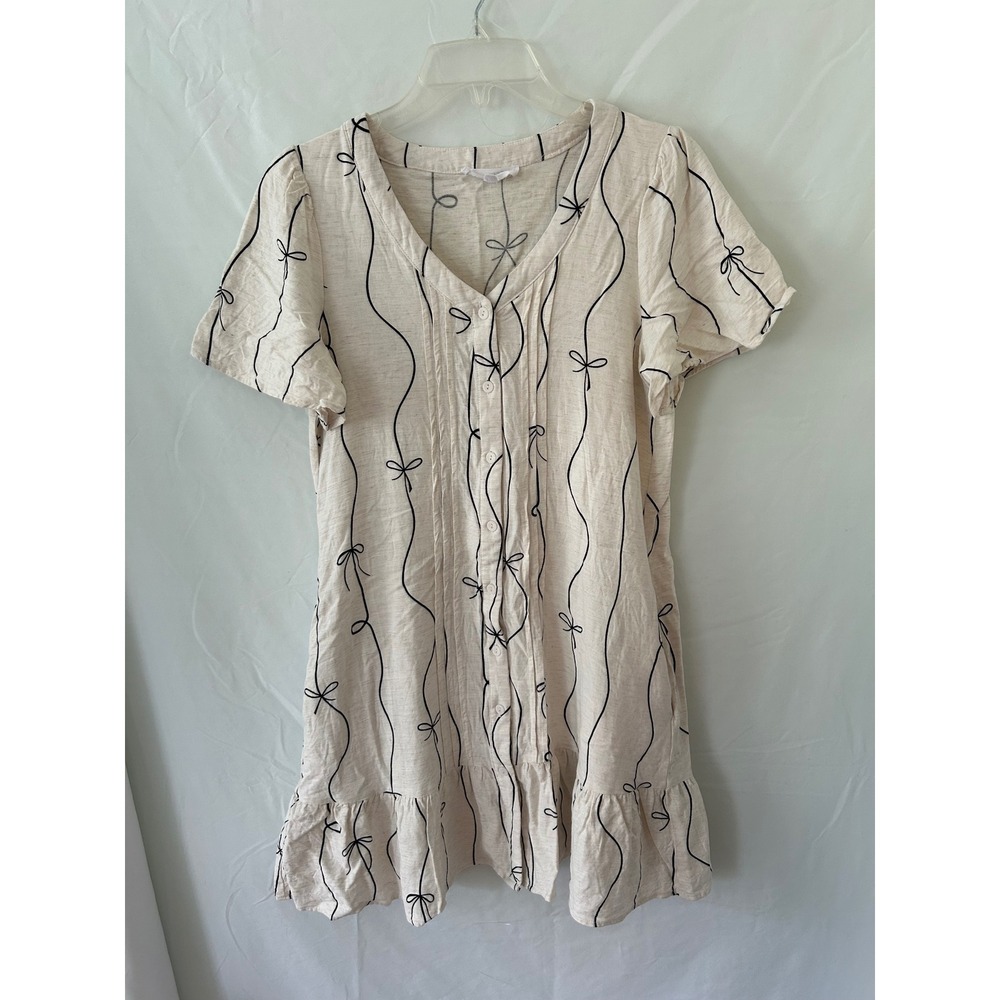 Jane + Delancey Cream Bow Print Linen Blend Button Front Ruffle Dress Small